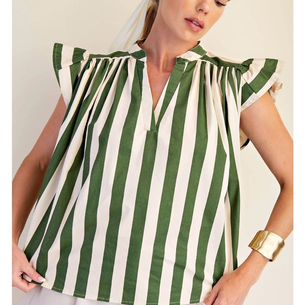 NWT glam Green and White Striped Flutter Sleeve Blouse